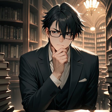 masterpiece, best quality, amazing quality, absurdres, newest, detailed background, definition so sharp, Ultra-HD, 8K cinematic, very awa, impressionate, amazing quality, highres, 
solo, male focus, manly, 
saruhikofushimi, saruhiko_black hair, saruhiko_black eyes, 1boy, short hair, glasses, looking at something off-screen, intrigued expression, hand on chin, suit, dim lighting, library, books, serious, intelligent, cool, charming