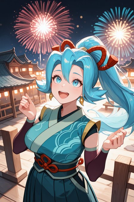 masterpiece, best quality, 1girl, solo <lora:pkmnclair-illu-nvwls-v1-000006:1> nyrsc1r, blue hair, high ponytail, long hair, hair between eyes, blue eyes, earrings, turquoise kimono, sash, arm warmers, hakama skirt, large breasts, night, fireworks, looking up, happy, open mouth, hands up, bokeh, east asian architecture