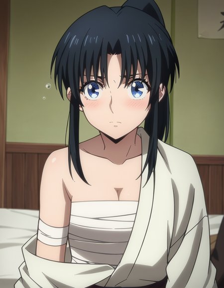 score_9, score_8_up, score_7_up, source_anime,
kaorukamiya, <lora:kaoru-kamiya-ponyxl-lora-nochekaiser:1>
kaoru kamiya, blue eyes, black hair,
cleavage, japanese clothes, open clothes, kimono, bandages, hakama, sarashi, open kimono, chest sarashi, hadanugi dousa, bokken, ponytail,
indoors, bed, bed room, on side, blush, drunk,
looking at viewer, dutch angle, cowboy shot