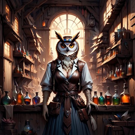 score_9, score_8_up, score_7_up, Owlfolk, feminine owl alchemist, building a clock work robot, in a curio shop, long copper colored feather, tinker-alchemist preparing potions and gadgets, goggles on head,  (Alchemy and Tinker shop, blueprints on walls, tools, potions, bottles, workbench, wooden walls, wood furniture, schematics on wall, blueprints on wall, Interior:1.1)
(Cleavage:1.2), skirt, leather belt, Brown Backpack, too many pouches,