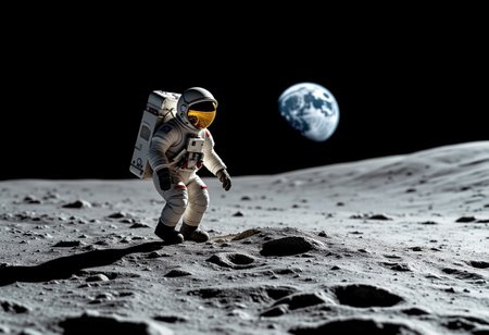 the most realistic, photorealistic photo ever taken (ASTRONAUT LANDING ON THE MOON:1.5), EARTH IN THE BACKGROUND, Captured with a Hasselblad X2D 100C and an 18mm f/1.9 lens, hyper-realistic textures, elegant shadows, incredible realism, 16K, ultra-detailed textures, perfect lighting, aidmaimageupgrader