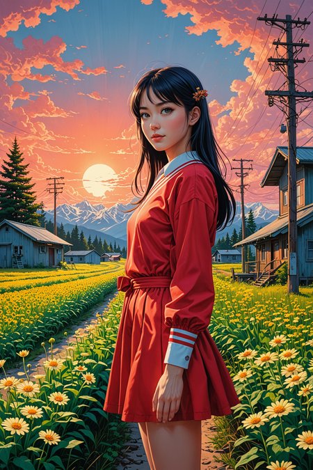 by Alena Aenami and Phil Koch in the style of Shintaro Kago and Bruce Timm