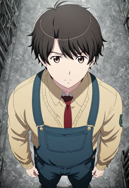 high resolution, solo, best quality, 1Boy, Inaho Kaizuka, Black Hair, Brown Eyes, standing, straight facing upwards, casual, seen from above, arrogant face, dominant, intimidate, OverallDetail
