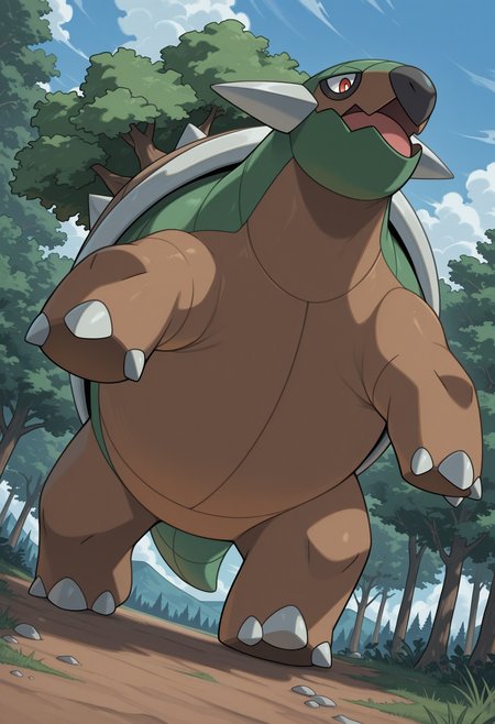 solo, torterra, pokemon \(species\), tree on shell, feral, red eyes, outdoors, forest, sunny, clouds, detailed background, outdoors, dutch angle, open mouth,
perfect anatomy, masterpiece, perfect quality, best quality, detailed, newest, very aesthetic 
 <lora:Torterra_Pokemon_V1_ILXL:0.8500000000000002> <lora:analon_IL:0.5000000000000001> <lora:or_22:0.20000000000000004>