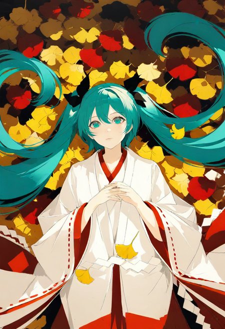 1girl, hatsune miku, solo, long hair, japanese clothes, twintails, looking at viewer, lying, white kimono, on back, leaf, kimono, wide sleeves, miko, bangs, autumn leaves, aqua eyes, closed mouth, aqua hair, ribbon-trimmed sleeves, very long hair, long sleeves, ribbon trim, hair between eyes, from above, shide <lora:chongzhenXL_il_lokr_V53P1:0.95>