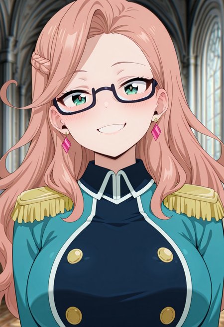 , (masterpiece:1.4), newest, best quality, perfect quality, amazing quality, highly detailed, (detailed face:1.2), (detailed eyes:1.2), KaramelFairy,pink hair , french braid, Glasses ,green eyes , smiling , happy sexy ,KarmelStandardoutfit,jewelry, earrings,semi-rimless eyewear, epaulettes, upper body, closeup