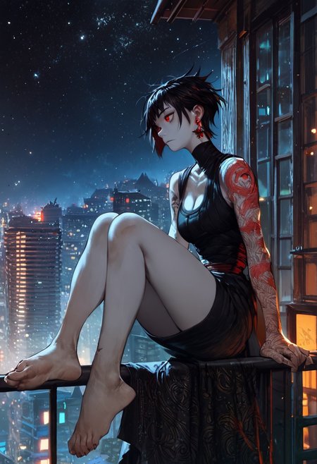 score_9, score_8_up, score_7_up, score_6_up, score_5_up, score_4_up, zPDXL2, 1girl, solo, pale skin, red eyes, black hair, short hair, bangs, cleavage,  earrings, legs, feet, mid drift, city, night, stars, sitting, rooftop, balcony, sleeveless, dragon tattoo, arm tattoo,