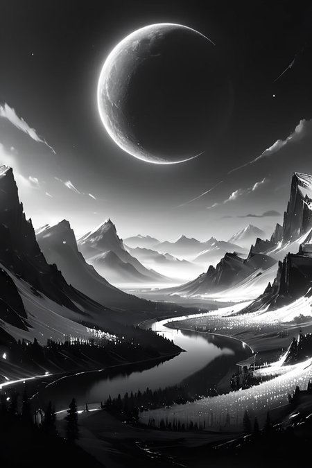 Silhouette style (((Ultra-detailed, 8k, highres, masterpiece)))(((epic-Ultra-HD-details, epic-Ultra-HD-highlights, epic-photo-same-realistic, upscaled-resolution, optimal)))a beautiful serenemagical landscape,<lora:ral-czmcrnbw:0.8>,ral-czmcrnbw,<lora:cs-cr1stal-v2:0.8>,cs-cr1stal-v2,<lora:More_interesting_backgrounds:0.8>,IBG,<lora:more_details:1>,<lora:SyFyEye1_v2.0:0.8>,SyFyEye1, . High contrast, minimalistic, black and white, stark, dramatic