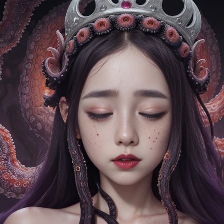japanese line art  , High detail, high definition, and highly detailed masterpiece. Double exposure of ( 1 young girl eyes closed with black freckles all over her body, crown made of eyes, getting fucked by octopus)  and (purple red and green tentacles). Mystical, luminist atmosphere. In the style of takato yamamoto,  red full moon on background , <lora:takma2:1.2>