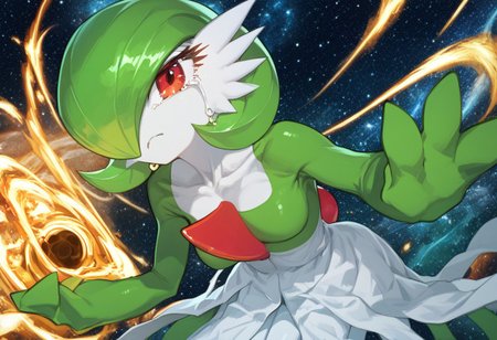 score_9, score_8_up, score_7_up, score_6_up, (lhata4564), 
digital artwork, highly detailed, sharp focus, 
1girl, Gardevoir, pokemon (creature), solo,
white skin, short hair, red eyes, white dress, red crest on chest, green sleeves, shiny,
crying, intense expression, snarling,
black hole, black hole in hand, holding black hole, combat stance,
looking at viewer,
(space) detailed background, space background, black hole in the background,