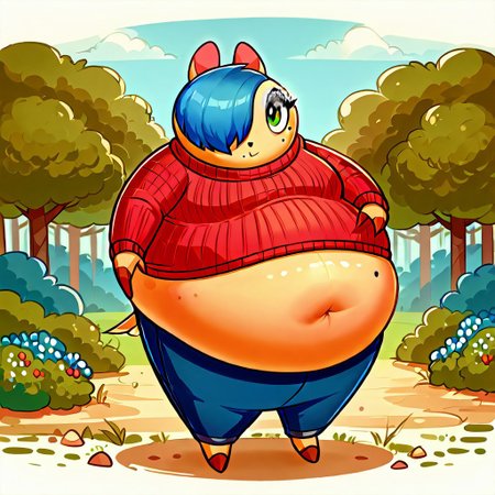 score_9, score_8_up, score_7_up, Shebbs, Maydine, Blue Hair, Hair Covering one eye, Red Sweater, Pants, Makeup, beauty mark, outside, Belly