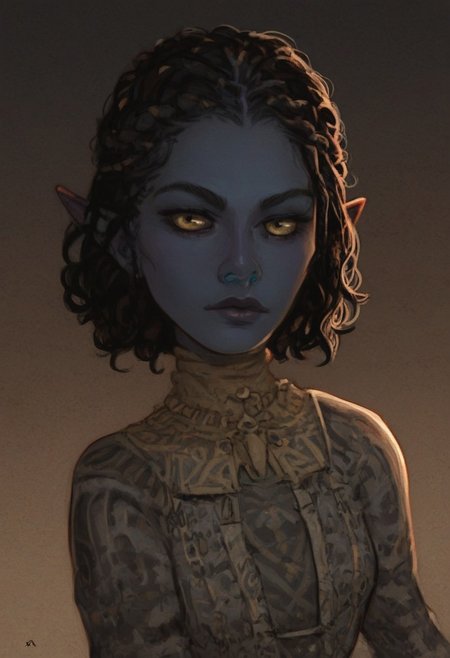 solo, short pointy ears, full body, fighting stance, piercings, random elf face, aquiline features, female dark elf, brow rings, beaded piercings, weathered skin, blue-grey skin, large nose, insect chitin armor, insect chitin helmet, insect chitin ornaments, stylized insect pattern, athletic build,  animated realism, zoomed out, Syrian features, torso, yurts, tents, native camp, elegant berber tapestries, dead desert trees, ash dunes, distant volcano, ashy soil, grey green foliage, distant grey hills, sunrise, gloomy lighting, grey fabric awnings, dark wood posts, light dust clouds, grey-blue skin, mahogany and ivory clothes, medium armor, bone plate armor, ivory straps and fittings, alien bone ornaments, grey wood neckguard, medium_breasts, grey sclera, black pupils, blue-green light, neon, highly detailed, defined features, looking at viewer, three quarters view, from side, dynamic lighting, 29 years old, light and shadows, patterned cloth, joking expression, expressive eyes, detailed medieval clothes, short hair, wavy hair, thick hair, beaded hair, braided hair, under cut hair, semirealistic, alien elf, spanish features, jewish features, black hair, dark red hair, desaturated blue skin, sharp features, pastel green inuit print cloak, nighttime, high detail, absurdres, pretty eyes, detailed eyes, yellow eyes,