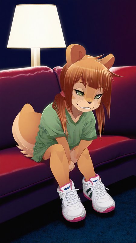 (detailed background:1.2), photorealistic, high quality, image depth, cinematic lighting, photorealistic, <lora:pony_good_hands:1>, blushing, solo, masterpiece, highest quality, 1 girl (Rocketgirl, 1girl, solo, animal ears, furry female, tail, brown hair, long hair, green eyes, bangs,freckles, brown fur,full body, sidelocks, twintails, two-tone fur), parted lips, (eyes half closed:1.2), <lora:add-detail-xl:1> <lora:add_detail:1>, detailed face, small frame, sharp outlines, on the couch, sleepy face, half asleep, living room setting, lamp, couch, bookshelf, green t-shirt with golden trim, white shoes, deep shadows, SFW, night setting, cute, small smile, <lora:Rocketgirl_v01_ILXL:1> <lora:Beautiful Detailed Eyes:1> <lora:Detailed_eyes:1>, score_9, score_8_up, score_7_up, score_6_up, score_5_up, score_4_up,