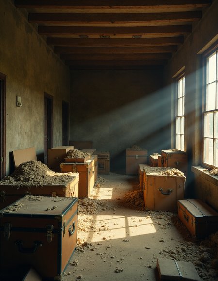 A photo of a room filled only with dusty moving boxes and trunks. The image is heavily textured and grainy, with a warm, golden light casting through the shadows, VCTRN, analogstyle,  faded photograph <lora:e377b7657231499e9165dad83cdeb312_pytorch_lora_weights:0.8>  <lora:amateurphoto-6version:0.6> <lora:35mm_joycap:0.5>
