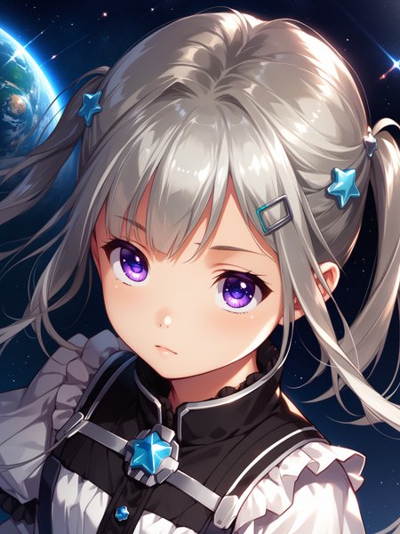 (upper body, solo focus:1.2) <lora:happy_tentacle-kuon-v0.2-000030:0.8>, ht_kuon, hair ornament, hairclip, flat chest (petite:1.2), <lora:Shed_The_Skin's StS_age_slider_v1_initial_release:-1> ( (frills :1.1) :1.1) ( , , ( :1.2) , , looking up :1.1) , 1: , , (science fiction, space:1.2), star \(sky\), (( from above :1.1) :0.8) score_9, score_8_up, score_7_up, score_6_up, score_5_up, score_4_up, ( [(realistic, photorealistic:1.3):(realistic:1.2):16] [(3d:1.2)::14] :1) <lora:LUUNA's Lunas-NijiJourney-SDXL-B2:0.35>, nijijourney <lora:prgfrg23's Counterfeit-V3.0 Style SDXL_LoRA_Pony Diffusion V6 XL:0.5> <lora:mfcg's mfcgXL:0.12> <lora:reweik's gyokai(himehajime)_PonyXL_style_v01:0.14>