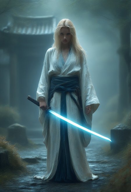 score_9, score_8_up, score_7_up, score_6_up, woman, pale skin, shoulder length hair, straight blonde hair, blue eyes, thin lips, slender, athletic, thick thighs, holds a katana in his left hand, ripped white kimono, graveyard background, night time, cinematic lighting, highly detailed background, high quality photography, masterpiece, high resolution, cinematic photo, DarkAtmosCE