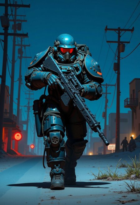 1man, A heavily armored warrior in futuristic black power armor stands confidently, wielding a massive gatling gun with intricate details. The armor is bulky, with reinforced plating, large shoulder pads, and complex mechanical joints. The helmet has a visor and multiple metallic elements, giving the character a rugged, battle-hardened look. The gatling gun features a drum magazine, with visible wiring and mechanical components, emphasizing its powerful nature. The character exudes strength and resilience, with an imposing and intimidating stance, full shot, full body visible, ultra realistic, masterpiece, he walks in a deserted road, distant cyberpunk metropolis, night time, neon light lights the sky.
