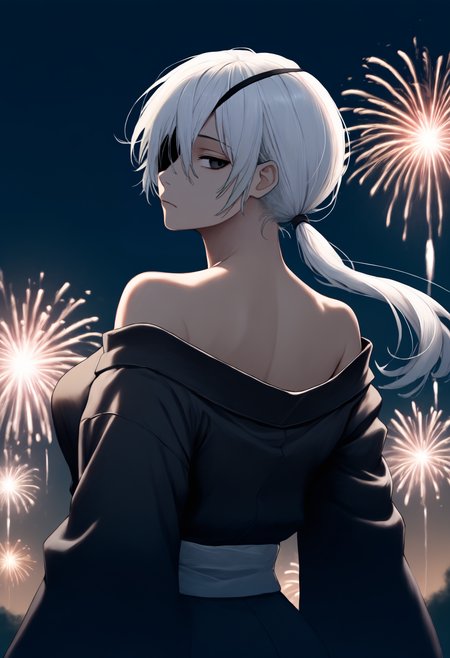 masterpiece, best quality, newest, anime, from behind, solo, 1girl, qu4nxi, expressionless, looking back, long hair, white hair, low ponytail, black eyes, eyepatch, japanese clothes, black kimono, off shoulder, kimono pull, sash, bare shoulders, outdoors, night, fireworks
<segment:yolo-face_yolov8m.pt,0.4,1//cid=11>