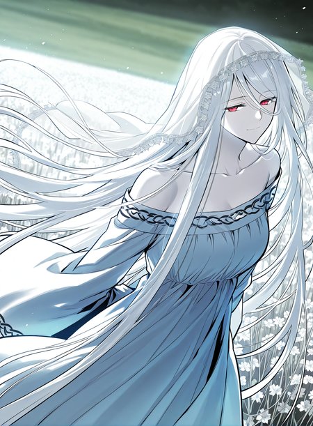 <lora:Yuridika__Doom_Breaker__Illustrious:1>
1 girl, red eyes, pale skin, hair between eyes, white hair, very long hair, bangs
white dress, veil, collarbone, wide sleeves, long sleeves, bare shoulders,
score_9, score_8_up, score_7_up, very aesthetic, source_anime, detailed, high quality, beautiful, masterpiece, detailed eyes, field, blurry background, pose dynamic angle, upper body, cowboy shot, light smile, floating hair, half-closed eyes, hands behind back, leaning forward, looking forward, looking at viewer,