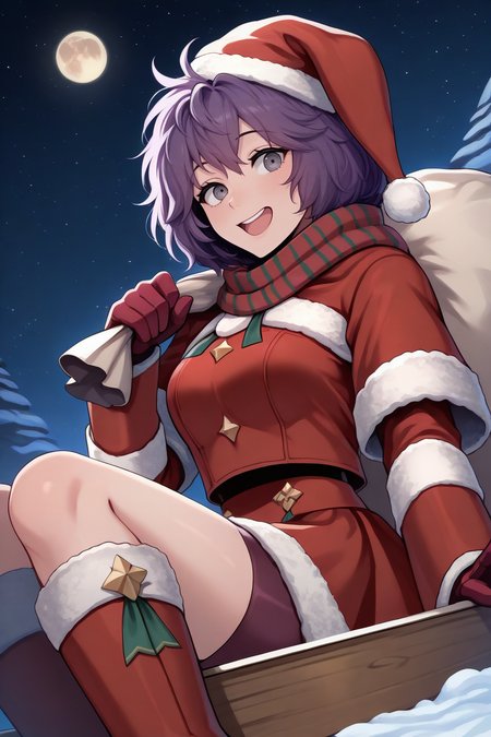 masterpiece, best quality, 1girl, solo, <lora:febernadetta-illu-nvwls-v1-000006:1> wntbndta, purple hair, messy hair, grey eyes, santa hat, santa costume, fur trim, red scarf, striped scarf, red dress, red gloves, red skirt, shorts under skirt, red boots, medium breasts, riding sleigh, snow, night sky, stars, moon, happy, open mouth, reindeer, sack over shoulder, looking at viewer, sitting