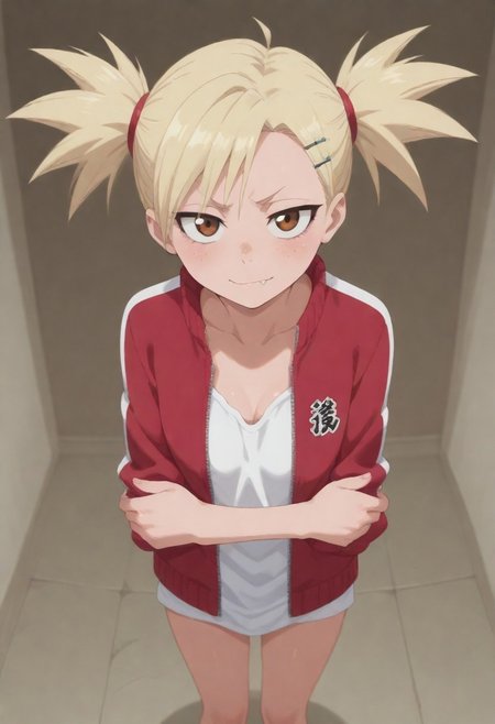 masterpiece, amazing quality, best quality, 8K, illustration,ultra-detailed, amazing quality, newest,,,, sarugaki hiyori, blonde hair, short twintails, brown eyes, freckles, hairclip, fang, red track jacket, open clothes, white shirt, <lora:HiyoriSarugakiNoobXL_byKonan:1>Cleavage