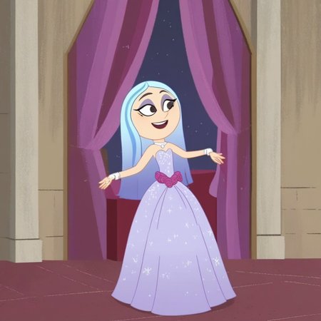 Andrea Davenport, 1girl, long blue hair, brown eyes, streaked hair, eyeshadow, Very long large straight tulle purple princess ball gown hoop skirt, ball gown hoop skirt, purple princess dress, hoopdress, my big princess gypsy wedding dress, ballgown, a girl in a dress posing for a picture, wearing a sleeveless ballgown, looking at viewer and smiling,