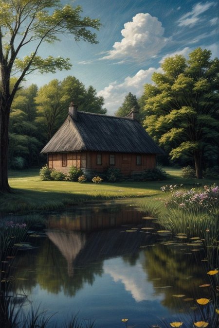 Oil painting of a cottage near a pond, spring time.