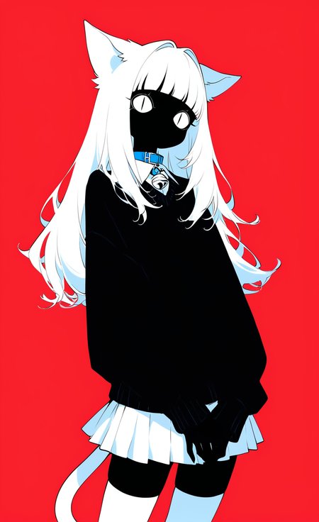 masterpiece, best quality, good quality, very awa, very aesthetic, absurdres, newest,  1girl, <|> <|>, animal ears, bell, black skin, black sweater, blending, blunt bangs, cat ears, cat girl, cat tail, collar, collared shirt, colored skin, cowboy shot, hair intakes, jingle bell, limited palette, long hair, long sleeves, looking at viewer, miniskirt, neck bell, no mouth, own hands together, partially colored, pleated skirt, red background, shirt, simple background, skirt, sleeves past wrists, slit pupils, solo, standing, sweater, tail, thighhighs, white eyes, white hair, white skirt, white thighhighs, toon (style), <lora:ponyv6_noobV1_2_adamW-000017:0.8> <lora:USNR_STYLE_XL_lokr:0.45> <lora:MeMaXL4:0.45> <lora:Lofi_style:0.8>