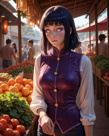 -looking at viewer, outdoors daylight, a 20 year old adult mature woman.
PhotoRealistic Style,  side view photo of.
<lora:Naruto_-_Hinata_v2-000030:1> n-hinata, purple eyes, blunt bangs, black hair Velvet waistcoat vest with gold buttons and subtle shaping seams to contour the torso
A woman wanders through an open-air market, her eyes scanning the colorful stalls as she picks up fresh produce, the lively chatter of vendors and shoppers filling the air.