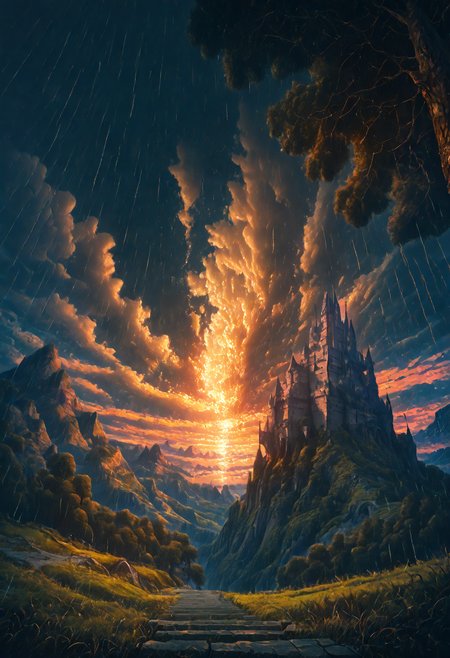 (from above:1.2), masterpiece, best quality,  stbedap, depth of field, scenery, outdoors, cloud, no humans, sky, cloudy sky, castle, grass, stairs, nature, sunset, rain, tree, mountain, Fantasy, atmospheric perspective,Landscape <lora:cfg_scale_boost:0.5> <lora:Fant5yP0ny:0.5> <lora:Nature_Realistic_illustrations-_Illustrious:0.7> <lora:S1_Dramatic_Lighting_v2:0.9>