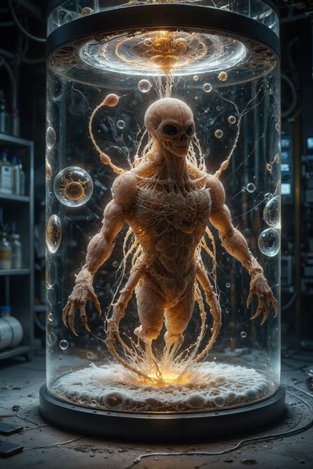 In a large glass cylinder filled with a yellowish fluid a scorpion-like abomination is being synthesized. Air bubbles rise within the fluid. In a hyper-modern sci-fi bio lab, the abomination lies prominently in the tank as bio fibers are generated and intricately connected to its skeletal and translucent parts. The synthesis process is emphasized with glowing indicators, light flashes, and a network of bio fibers weaving into the creature. The lab is filled with advanced, transparent screens displaying data. Everything flows and melds into a mesmerizing vortex of golden light, spiraling into a singularity at the center. Brilliant flashes of thoughts and ideas shoot through the scene, desperately seeking order amidst the swirling chaos. The scene is a symphony of movement and energy, with each element contributing to the overwhelming sense of otherworldly wonder.
hyperdetailed photography, masterpiece, best quality, high quality, highres, ultra-detailed, best quality, 8K, high resolution, extreme detail,
, <lora:add-detail-xl:3>  <lora:dvr-cl-dvsn:0.7> dvr-cl-dvsn <lora:EpicF4nta5yXL:0.4> <lora:ral-ertmsphr:0.4> ral-ertmsphr