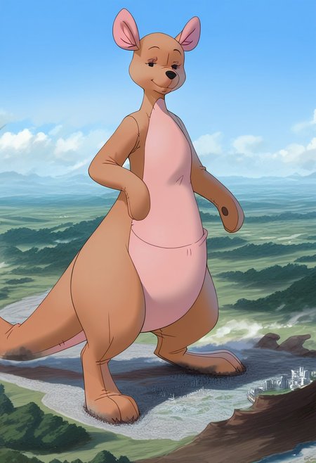 Safe_pos, score_9, score_8_up, score_7_up, detailed face, best quality, 1girl, solo, masterpiece, detailed background, beautiful, detailed eyes, mature female, giantess, macro
side view, lien,
1girl, furry female, solo, WtPKangav2, semi-anthro, female, kangaroo, brown fur, black eyes kangaroo paws, three toes, kangaroo tail,  living plushie, animate inanimate. seams, full body view,
standing, seductive pose, light smile, narrowed eyes, expansion,
long river, skyline, cityscape, destroyed cityscape,  earthquake, steam, fog, craters