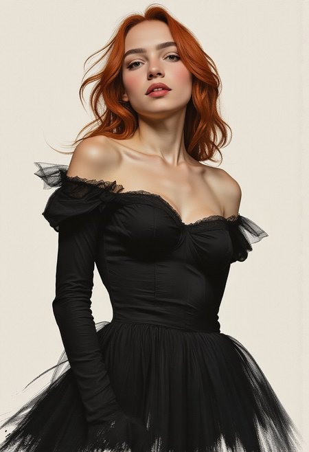 cinematic still Minimalist painting of a young influencer woman (art by Albert Lynch, Abbott Handerson Thayer), very cute, highly detail, best quality, black tight dress with exposed shoulders and low neck line, medium breasts with perky nipples, white splash background, dynamic pose, black outline, innocent, serene, pale skin, green eyes, long flowing red hair, freckles, ultra detailed, romantic, Rembrandt lighting, brush strokes, warm light, magical, extremely coherent, cute, beautiful, cinematic, stunning, creative, positive, cheerful, unique, cool, inspiring, pure, rational, very inspiring, friendly, thoughtful, luminous, magical, perfect, intricate, wonderful, lovely, style of Rembrandt, del1cate_balance style, vantablack
