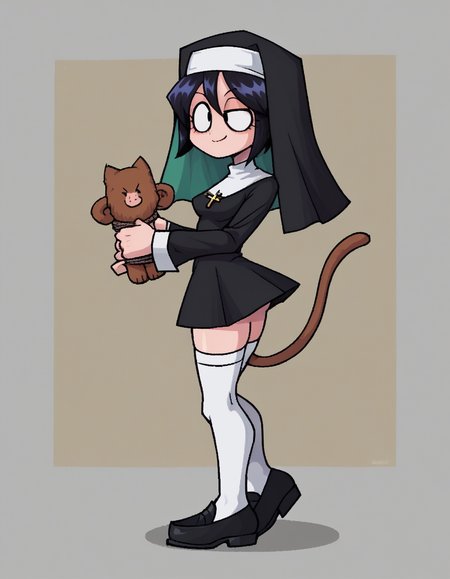 zPDXL, score_9, score_8_up, score_7_up, source_anime,
1girl, solo, smirk, (horns_pose), nun wearing sage green habit with a veil and long-sleeves, mini skirt, white stockings, traditional nun's coif, black loafers, holding a worn leather-bound Bible, <lora:Parsleah_v1:0.8>  parsleahbase, black hair, short hair, black eyes, (monkey tail), small breasts, brown tail,,
<lora:valbun_v2:0.9> valbun,