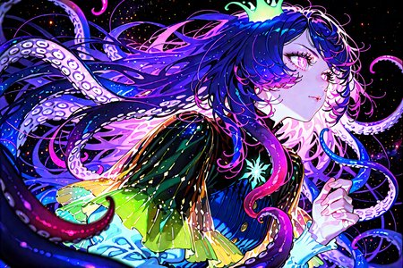 score_9, score_8_up, score_7_up, 1girl, cinematic angle, monster girl, tentacle hair, glowing eyes, eyelashes, tentacles, shining stars, starry sky, Depth of field, 4k wallpaper, cinematic shadows, chiaroscuro, cthulhu theme,  [(black background:1.2)::0.2], (starry sky background:1.2), masterpiece, best quality, amazing quality, very aesthetic, absurdres, highres, newest, intricate details, <lora:ponyv4_noob1_2_adamW:1.0> <lora:enhancerV4-pony:1> <lora:illustrious_noobai_epsilon_pred_1_best_quality_v1:1> <lora:illustrious_noobai_epsilon_pred_1_masterpieces_v1:1>