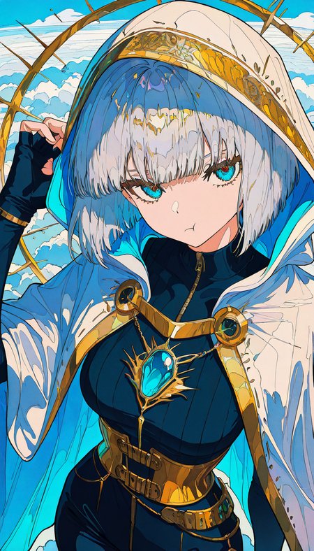 masterpiece, best quality, amazing quality, very aesthetic, absurdres,  newest, scenery,
, :t, pout, :i, Posing as if catching a frisbee, winterlumen, girl, blue eyes, silver hair, short hair, bob cut, bangs,
hood, white hooded cloak, ornate cloak, embroidery, gold trim,
black bodysuit, high-neck bodysuit, sleeveless bodysuit, tight outfit,
gold ornamentation, chest jewel, blue gem necklace, corset belt, gold belt,
black gloves, long gloves, fingerless gloves, 
dynamic pose,
seductive, soaring through the sky, high altitude wind currents, flowing white clouds, radiant sunlight breaking through, fluttering cloak and hair, vast open sky, dynamic wind effect, aerial perspective, ethereal atmosphere, soft light and haze, animated, dynamic angle, upper body, close-up,portrait, from above, fisheye lens, detailed face,colorful, close-up, masterpiece, best quality, amazing quality, very aesthetic, absurdres, newest, scenery, volumetric lighting
