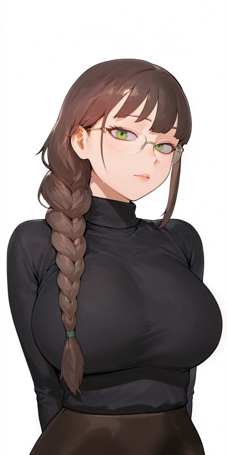 {{amazing quality, best quality, high quality, very aesthetic}}, 1girl, solo, looking at viewer, simple background, brown hair, bangs, single braid, green eyes, glasses, black sweater, turtleneck, large breasts
 <lora:sohn_woohyoung_style:1>