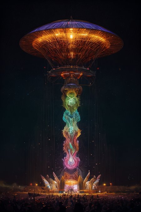realistic,best quality,
a giant delicate mushroom space elevator made of opal above a futuristic city center,integrated computer circuitry in stem,ray tracing,glowing light particles,the early morning light,adorned with glistening techno dewdrops. in the background beautiful futuristic rave party,divine iridescent glowing,opalescent textures,volumetric light,ethereal,sparkling,light inside body,bioluminescence,highly detailed,sharp focus,<lora:add_detail:1>,cyber punk,psychedelic,gemtech,emerald,<lora:ral-colorswirl-sd15:0.5>,ral-colorswirl,<lora:DETAIL_SLIDER_BY_STABLE_YOGI:0.8>,<lora:Psykadelicwoxel3d:0.8>,psykadelicwoxel3d,made of voxels,