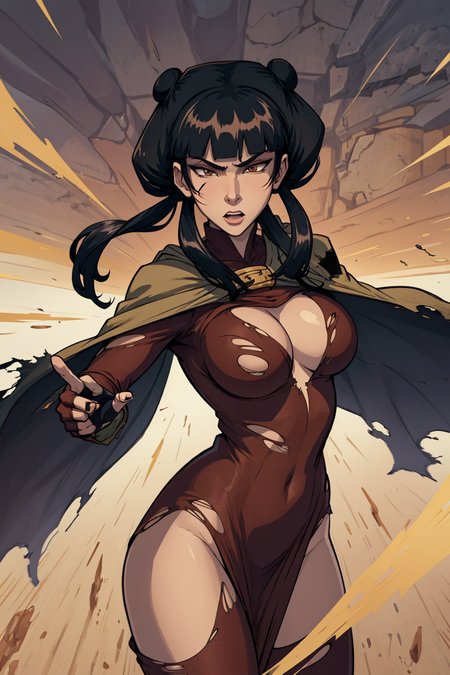 fighting, Mai, loose hair, [black hair, 1girl, bangs, blunt_bangs, double_bun, hair_bun], brown eyes, flowing hair, action shot, wind in hair, (afraid look), [bored expression], skintight clothes, japanese clothes, [cloak, cloth], large breasts, pronounced female figure, (areola slippage, exposed skin, (torn clothes)), [scar, blood, defeated, wounded], throwing kunai, dagger, in feudal japanese background, dynamic pose, dynamic view, perfect hands, <lora:Mai:0.85>