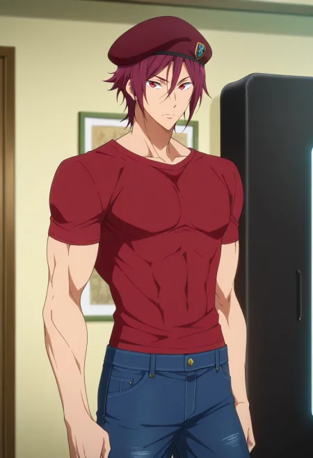 masterpiece, best quality, , anime screencap, anime coloring, official style, , 1boy, solo, male focus, <lora:rin_matsuoka_ilxl:0.98>, rin_matsuoka, red hair, red eyes, hair between eyes, , CherryRed Cropped jeans, Muscle T-shirt, , Beret, Scroll Case