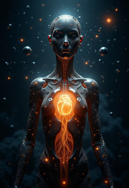 in the style of ck-ncr, A celestial cybernetic figure floating in deep space, their body shimmering with a texture of stardust fused with reflective nano-alloys. Their chest opens up to reveal a glowing organic core, pulsing like a heartbeat, sending tendrils of energy across the galaxy. The beingâs face is abstract and unrecognizable, with a digital fractal mask that shifts continuously, symbolizing the infinite potential of life and machine.