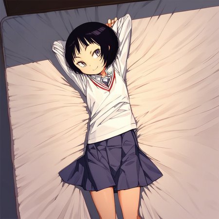 score_9, solo, mitani_mei, short hair, black hair, school uniform, skirt, lying on bed, from above, hands behind head, cute, smile
