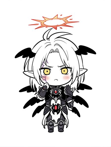 chibi, 1boy, the first darklord, solo, full body, male focus, standing, looking at viewer, blush, white skin, facial tattoo, closed mouth, hand up, frown, red halo, spot color, angel, black armor, black armored boots, black breastplate, black pauldrons, black vambraces, white pelvic curtain, white background, simple background, black head wings,multiple wings,
masterpiece,best quality,amazing quality,very aesthetic,absurdres,newest,<lora:The first DarkLord illusXL v1:0.77>,<lora:wai-2Rectified-V140:0.7>,