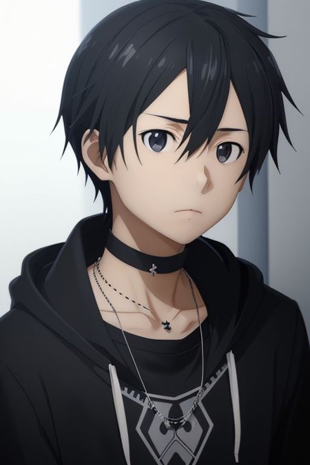 high resolution, solo, best quality, 1Boy, Kazuto Kirigaya, portraits, Black Hair, Black Eyes, bangs, necklace, choker, hair between eyes, Hoodie, OverallDetail