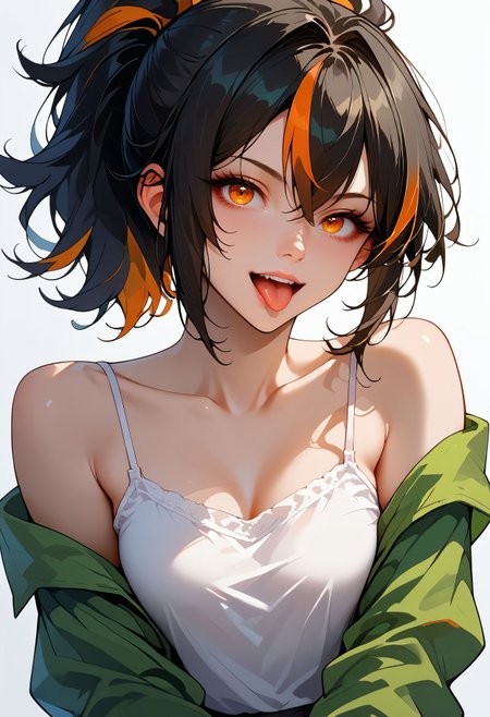 score_9, score_8_up, score_7_up, score_6_up, score_5_up,  <lora:zhu_yuan_xl:0.8>zhu-yuan,black hair,ponytail,streaked hair,orange eyes,  1girl, solo, upper body, white background, white camisole, spaghetti strap, green shirt, collared shirt, long sleeves, off shoulder, bare shoulder, looking at viewer, :p, tongue out, happy, open mouth,