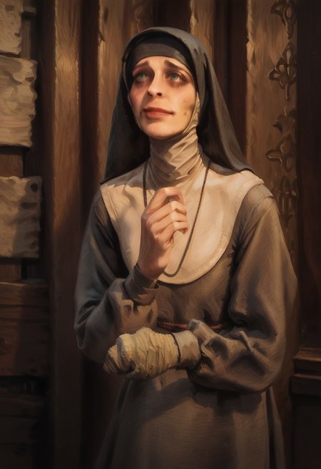 score_9_up, score_8_up, score_7_up, score_6_up. 1girl, solo, C3cile_LoP, nun, habit, long sleeves, necklace, bandaged left hand, blue eyes, bloodshot eyes, shy smile, standing, in a church, (realistic, painted art)