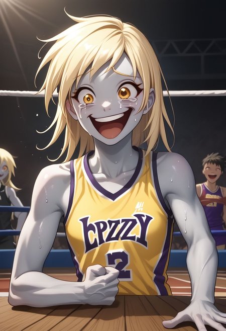 EnD_Niji_Sports, source_pony, Wheeze, open mouth, tears, laughing, Derpy Hooves, colored skin, grey skin, smile, crazy eyes,  collarbone, upper body, shirt, bare shoulders, closed mouth, sweat, sleeveless, makeup,  sportswear, wrestling uniform, hand on table, english text, clenched hand BREAK PonyXLV6_Scores
