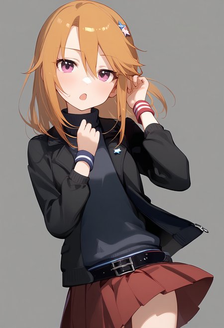 1girl,
yuuki haru,


long hair, solo, short hair with long locks, red skirt, open jacket, wristband, black belt, cowboy shot, star hair ornament, hands up, belt buckle, black jacket, turtleneck, hand on own ear, blonde hair, sweatband, belt, light blush, jacket, skirt, turtleneck sweater, open clothes, pink eyes, grey background, open mouth, black sweater, standing, hair between eyes, simple background, pleated skirt, buckle, star \(symbol\), hair ornament, sweater,

sfw
<lora:a31_char_new_yuuki_haru-000014:1> <lora:a31_style_koni-000010:0.8>