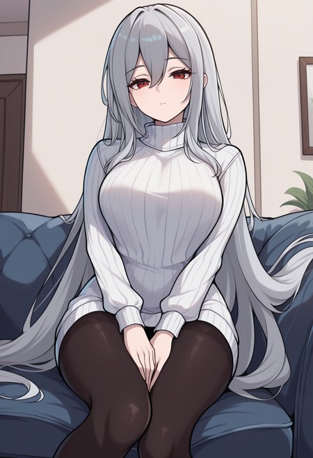 masterpiece, best quality, newest, feet out of frame, solo, 1girl, sk4didef, expressionless, looking at viewer, sitting, on couch, hands on own thighs, long hair, grey hair, hair between eyes, red eyes, white sweater, sweater dress, ribbed sweater, turtleneck sweater, long sleeves, black pantyhose, indoors, living room
<segment:yolo-Anzhc Face seg 640 v2 y8n.pt,0.4,1//cid=11>
