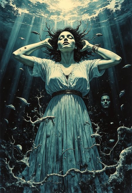 A dramatic image representing falling in love, depicted through the imagery of a drowning figure. At the center is a woman submerged in deep, turbulent water, her long, flowing gown entangled in swirling seaweed and debris. Her arms reach upward toward the faint surface, fingers just outstretched as if she’s grasping for air. Her hair, dark and wild, floats around her in a chaotic halo. Despite the struggle, her expression is eerily calm, with closed eyes and a soft, resigned smile, as though she’s accepted the pull of the tide. The background shows an ocean in turmoil, the water dark and heavy with waves crashing above, but beneath the surface, there is an eerie stillness. Sunlight filters weakly through the water, casting fragmented beams that illuminate her figure. Around her, fish and sea creatures drift by, unbothered by her descent. Farther into the background is a shadowy male figure, staring at the women with an unnaturally wide grin on his face. Blue-green and silver accents highlight the sense of being consumed by the deep, while faint bubbles rise from her lips, symbolizing the final surrender to the depths. conceptual, impressionistic
